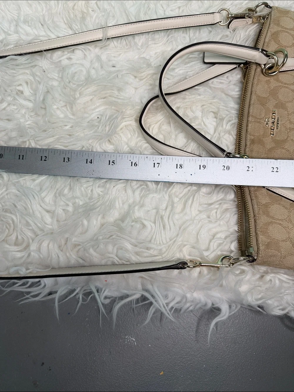 Authentic Coach Beige Canvas Signature Satchel with White Trim